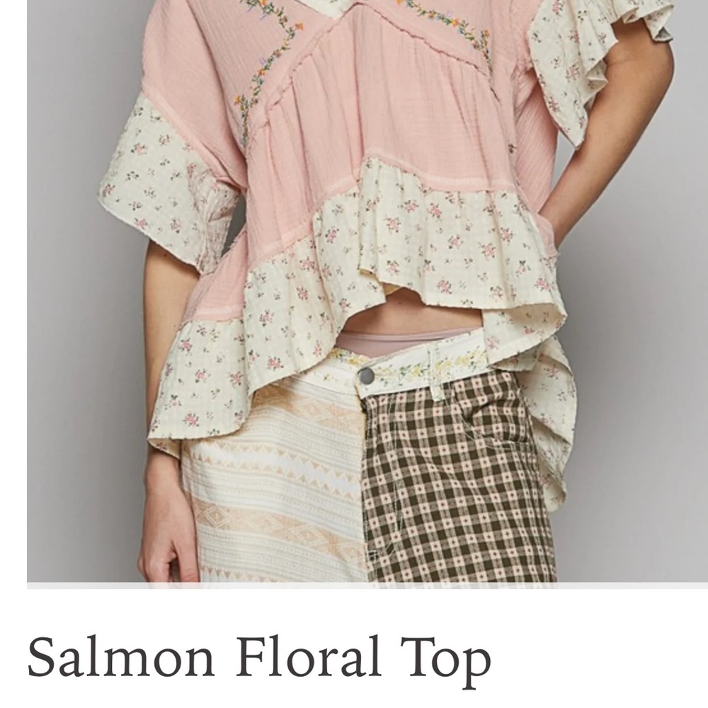 POL Salmon Floral Ruffle Blouse
